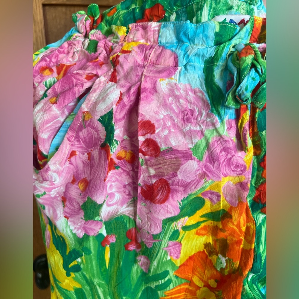 Vintage 90s 💚🌈 Jams World Floral Neon Watercolor Drawstring Pants S🧡❤️🌈 - Picture 2 of 6